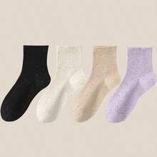 4 Pairs Women's Wide Mouth Dotted Mesh Thin Cotton Casual Socks, Japanese Style Daily Wear, Odor Resistant Mid-Calf Socks
