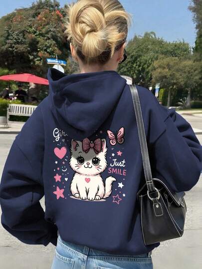 1 pieza Sudadera casual con estampado para niña preadolescente, forrada térmica, manga larga, ropa de estudiante para otoño/invierno