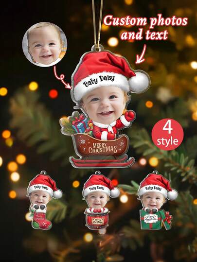 1pc Customize Personalized Baby Facial Photo Acrylic Christmas Ornament,Custom Name On The Christmas Hat,Four Style Options: Sled, Christmas Stocking, Drum, Christmas Gift Box, Santa Claus Christmas Ornament,Merry Christmas Baby Pendant,Baby Commemorative Decor And Christmas Tree Decoration