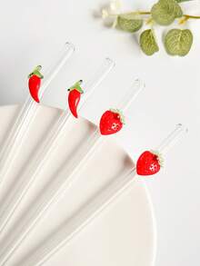 1/2/4Pcs Reusable Glass Straws With Red Strawberry/Chili Charms, Cute Bent And Clear Glass Drinking Straw With Cleaning Brush, For Kitchen Accessories, Water Cup,Cold Drinks, Milk Tea, Coffee, Juice, Smoothies, Kitchens, Restaurants, Cocktail Parties, Back-To-School, Gifts For Girlfriends/Boyfriends, Parents, Friends, Holiday Supplies.New Year, Valentine's Day. - Style 1 - View 6