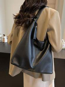 复古荔枝纹大容量休闲单肩托特包，拼接纯色女手提包，优雅百搭通勤托特包 - 黑色 - 查看 3