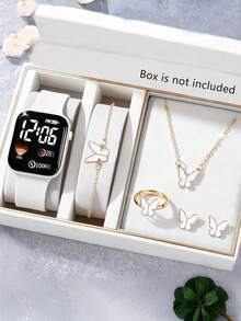 6/1pc/Set Fashionable, Cute, Exquisite And Elegant Square Heart-Shaped Pattern LED Digital Display Electronic Watch, Paired With Butterfly Necklace, Bracelet, Ring, Earring Set, Suitable For Girls' Jewelry Set, Is The Perfect Gift For Parties, Celebrations, Travel, Back To School Season, Christmas, Halloween, Family And Friends Gifts, Commemorative Items