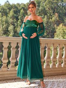 Joyfunear Đầm bầu hở vai tay dài phối lưới vá thanh lịch - Màu xanh lá cây đậm - Xem 1