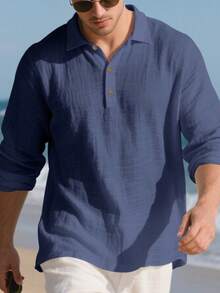 Men's Lightweight Loose Linen Long Sleeve Polo Shirt For Spring & Summer, Half-Placket Button Design, Breathable & Comfortable, Suitable For Beach, Outdoor Activities, Family Gatherings (Note: White, Light Blue, Etc. Colors Are Slightly Sheer; European & American Sizes Run Large, Recommend Ordering One Size Down) - 藏蓝色 - 查看 4