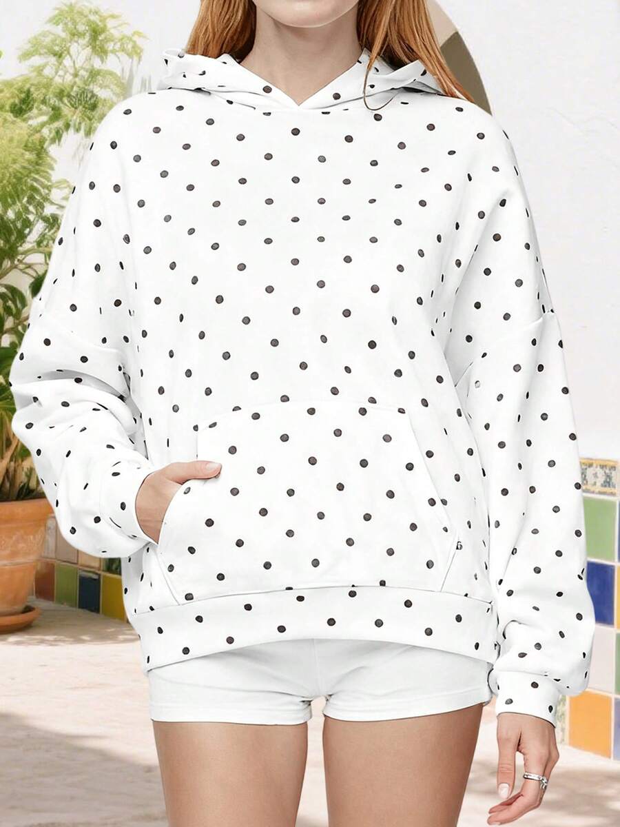 Women Casual Fall Hooded Sweatshirt With Front Pocket Dot Print Casual Long Sleeve Pullover Hoodies Outwear - 白色 - 查看 1