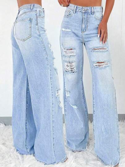 Fashionable Elegant Stylish Personalized Street Details Ripped Button Jeans, Suitable For Single's Party, Back To School Season, Valentine's Day, Casual, Night Out, Travel, All Seasons Spring