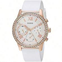 Guess Solar Mode Multi-Funktions Kristalle Rosa Zifferblatt Gummiarmband Quarz Uhr für Frauen mit Monat Woche Kalender Frauen Accessoires geeignet für tägliche Party Kleidung Dekoration stilvolles Geschenk für Frauen/W1135L1,W1135L2,W1135L3
