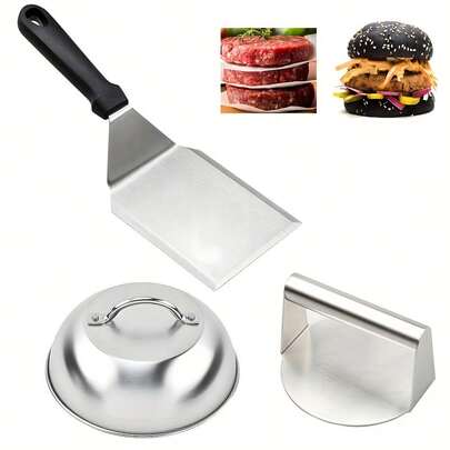 3pcs BBQ Set, Hamburger Press Kit, BBQ Spatula And Cheese Melting Cover, Burger Patty Maker, Stainless Steel Grilling Tools, Barbecue Accessories, Grill Utensils
