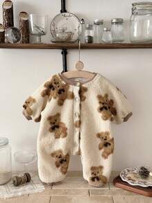 INS Baby Toddler Sherpa Bear Print Long Sleeve Thick Warm Jumpsuit, Autumn/Winter - Camel - View 5