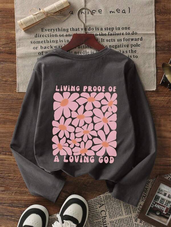 1 pieza Camiseta de manga larga con estampado casual para niñas preadolescente, primavera/autumna, diseño de moda, con curvatura y cómodo para estudiantes jóvenes y adolescentesgers