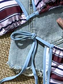 性感复古条纹比基尼套装 - 蓝色滚边三角上衣和高腰可调节泳裤 | 女士沙滩度假泳装 - 彩色 - 查看 6