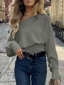 女士休闲优雅纯色露肩蝙蝠袖套头针织卫衣，露肩短款上衣，可爱卫衣，适合春、夏、秋季及开学季穿着 - 灰色 - 查看 6