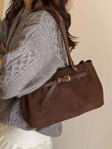 1 Túi Tote Đeo Vai Nữ Màu Trơn, Dung Tích Lớn, Thời Trang Thu Đông, Chất Liệu Vải Da Lộn Mới, Thích Hợp Cho Văn Phòng, Đi Làm, Mua Sắm, Du Lịch, Quà Tặng - Cà phê nâu - Xem 7