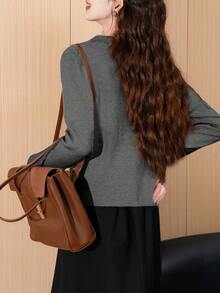 Alicedudu 女式简约法式领仿门襟套头衫，秋冬 - 灰色 - 查看 2