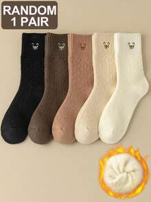 1/5 双女式卡通熊菱形图案保暖内衬舒适休闲中筒袜 - 彩色 - 查看 14