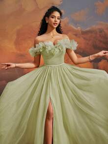 VIPGIRL Elegant Mesh Formal Long Evening Gown - Lime Green - View 1