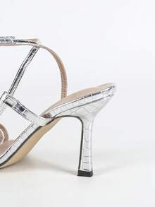 Sandalias de tacón alto para mujer en color plata, tacones de gatito sexy con punta cuadrada y correas, sandalias deslizantes de unicolor versátiles para uso diario con tacones altos delgados, sandalias de tacón alto para bodas y novias, elegantes zapatos de mujer con tacón de copa de plata pura para fiestas y festivales, nuevas sandalias deslizantes de tacón alto para uso formal en verano, elegantes sandalias de tacón alto con correa de tobillo para citas (textura asimétrica de piedra aleatoria)