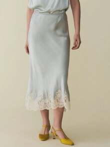 Lace Satin Maxi Skirts For Women Casual Elegant Fall A Line Elastic Waist High Rise Silk Midi Skirt With Lace Patchwork Y2k Aesthetic Going Out Skirt Party Club Streetwear - 藍色 - 查看 1