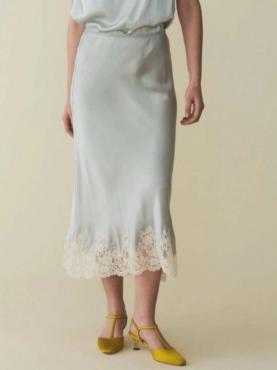 Lace Satin Maxi Skirts For Women Casual Elegant Fall A Line Elastic Waist High Rise Silk Midi Skirt With Lace Patchwork Y2k Aesthetic Going Out Skirt Party Club Streetwear - 藍色 - 查看 1