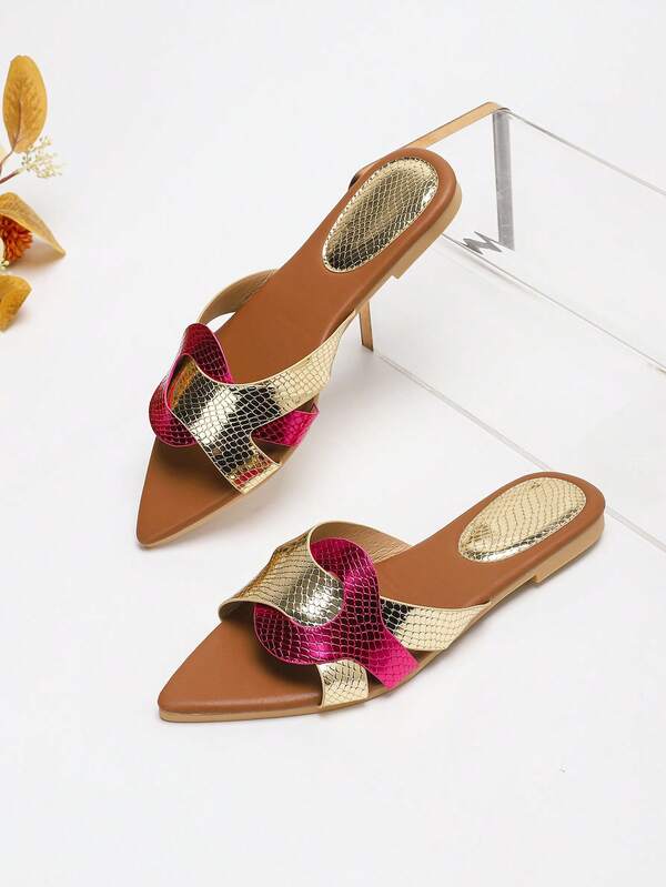 Classic Spring/Summer Fashion Pointed Toe Versatile Open Toe Round Ring Design Slip-On Sandals, Elegant Style Comfortable Casual Vacation, Beach Party Gathering Snake Skin PU Leather Women's Gold Flat Sandals