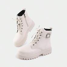 1 双女式羊毛衬里短靴，圆头系带，适合室内外穿着，侧拉链厚底女式摩托车靴 - 米色 - 查看 7