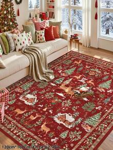 1 Pc Christmas Tree And Santa & Reindeer Beige Carpet, Non-Skid And Washable, Very Suitable For Living Room, Bedroom, Hallway, Indoor And Outdoor Use, Easy Home Christmas Decoration And Room Decoration