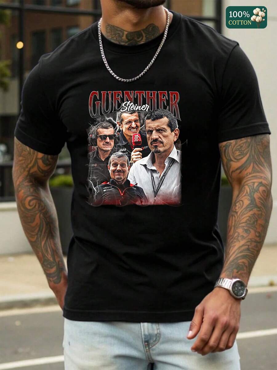 Men's Classic Graphic T-Shirt, Vintage Style Printed Tee With Guenther Steiner Collage Art,  Soft Cotton Casual Shirt For Men, All-Day Comfort For Work Or Weekend Hangout, Perfect Gift For Racing Fans - Black - View 1