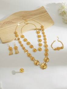 1 Set Of Chic Vintage-Style Golden Copper Jewelry Set Including Necklace, Bracelet, Ring, Earrings, Suitable For Casual Outings, Gatherings, Dates, Holidays As Gifts For Women, Girlfriends, Parents - PWJT-018 - View 1