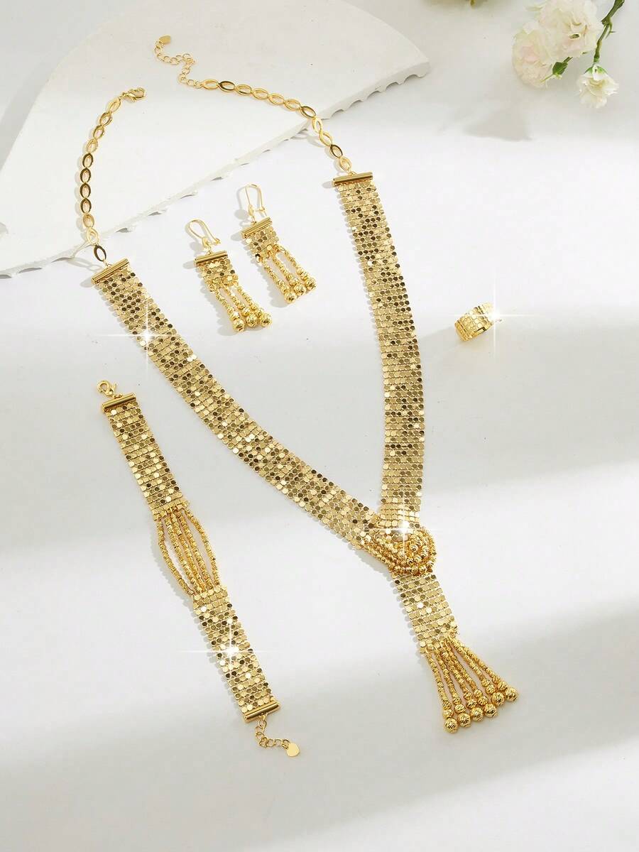 Mgyi Gold-Colored Copper Fashionable And High-End Luxury Retro Jewelry Set For Women,18K Gold Plated Elegant Luxury Square Design Necklace, Earrings, Bracelet, Ring For Women, Suitable For Nigeria, Dubai, Middle East, Saudi Arabia Bridal Wedding, Daily Wear, Wedding Anniversary Gift, Halloween Gift For Friends