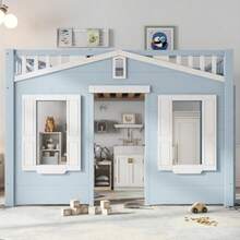 Loft Bed, Children's Bed, Space Under The Bed For Flexible Design, Beautiful Window Design, Nd Stable Ladder, Pine + MDF + Plywood, Blue, 90x200cm