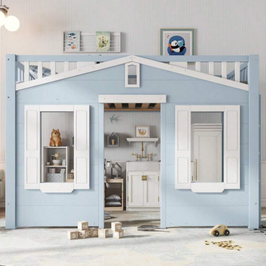 Loft Bed, Children's Bed, Space Under The Bed For Flexible Design, Beautiful Window Design, Nd Stable Ladder, Pine + MDF + Plywood, Blue, 90x200cm