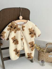 INS Baby Toddler Sherpa Bear Print Long Sleeve Thick Warm Jumpsuit, Autumn/Winter - Camel - View 6