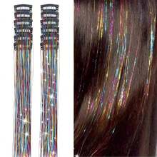 6Pcs Hair Tinsel Clip In 23.6Inch Glitter Tinsel Hair Extensions Clip In Hair Tinsel Kit Heat Resistant Shiny Sparkle Fairy Hair Accessories For Women (Mixed Color) - 銀色 - 查看 1