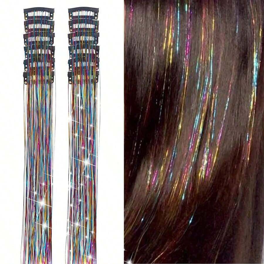 6Pcs Hair Tinsel Clip In 23.6Inch Glitter Tinsel Hair Extensions Clip In Hair Tinsel Kit Heat Resistant Shiny Sparkle Fairy Hair Accessories For Women (Mixed Color) - 銀色 - 查看 1