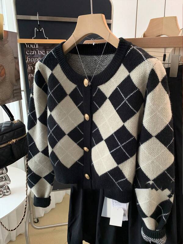 JIANHU Cardigan clássico de malha Argyle com detalhes em botões dourados, perfeito para as festividades de outono e inverno, elegante e aconchegante para as festas de fim de ano