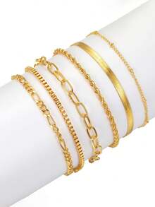 6 Pieces Of Bracelet Set, Alloy Round Bead Chain Box Chain, Simple And Fashionable Bracelet, A Versatile Jewelry Collection Suitable For Daily Wear, Including Paper Clip Chain, Herringbone Chain And Figaro Chain Design