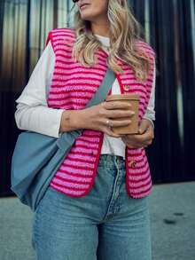 1 pieza Chaleco de punto a rayas, casual, para vacaciones, para citas, adecuado para otoño/invierno, Navidad, Año Nuevo, Día de San Valentín