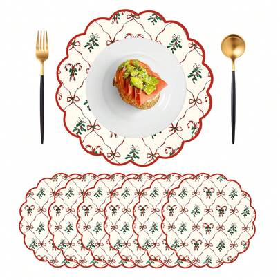1pc/Set Candy Bow Floral Pattern Christmas Linen Flower Placemat, 38*38cm Seasonal Kitchen Dining Table Decor Plate Mat, Christmas Party Decoration, Home Decor