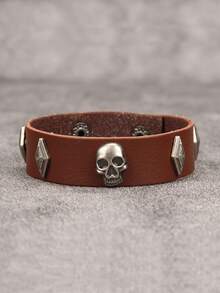 1 pieza Brazalete vintage estilo punk rock con calavera, brazalete de PU personalizado unisex para moda y actuaciones, regalo de Halloween, accesorio diario