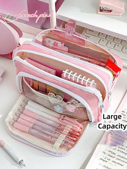1pc Stationery Bag Cream Color Pencil Case Large Capacity 3 Compartments Storage Pouch For Office School Student , Back To School Gifts