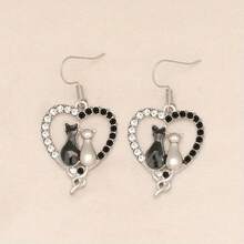 1 Pair Sweetheart Cat Couple Earrings, Cats In Pavé Heart Frame, Minimalist Jewelry, Romantic Pet Lover Gift - 銀色 - 查看 4