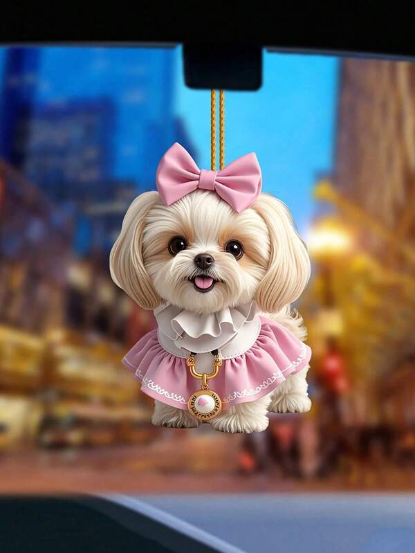 2D Flat Acrylic Pink Bow Dog Pendant - Cute Puppy Decoration For Car Rearview Mirror & Home Room Decor, Lightweight Scratch-Resistant Material, Healing Style Creative Accessory