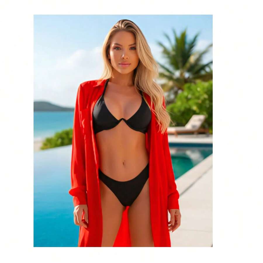 Beach Cover-Up Long Sleeve With Pocket Button Closure Beachwear Chemise Casual Sexy Boho Vacation Beachwear Beach Holiday Vacation Bachelorette Party Travel Spring-Summer - 紅色 - 查看 1