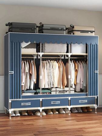 1 Pieza Armario portátil de gran capacidad, estilo minimalista moderno, cubierta de tela de unicolor, organizador de ropa de fácil montaje, diseñado con área de colgar separada y cajones de almacenamiento, estructura de marco de acero, apto para hogar, dormitorio, apartamento, mueble de almacenamiento de habitación