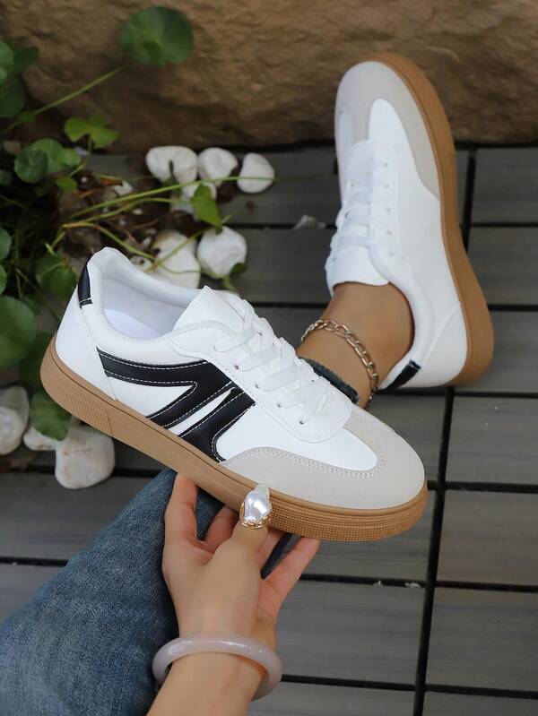 Women's New Casual Sports Shoes, Fashion Versatile Sneakers With Leather Upper, Breathable Soft Sole, Lace-Up, Plus Size, Suitable For School, Outdoor, Student