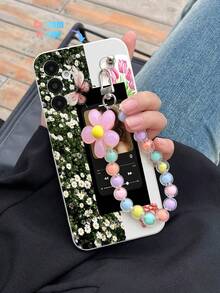 1pc Customizable White TPU Floral Print Phone Case And 1pc Colorful Beaded Bracelet, Compatible With Apple/Android/OPPO Phones Such As Galaxy A51 4G, Galaxy A52/A52s 5G, Galaxy S23 Ultra, Galaxy A13 4G, Galaxy A12, Galaxy S22 Ultra, OPPO A54, Galaxy A54, 17 Pro Max, Galaxy A14, Galaxy A32 4G