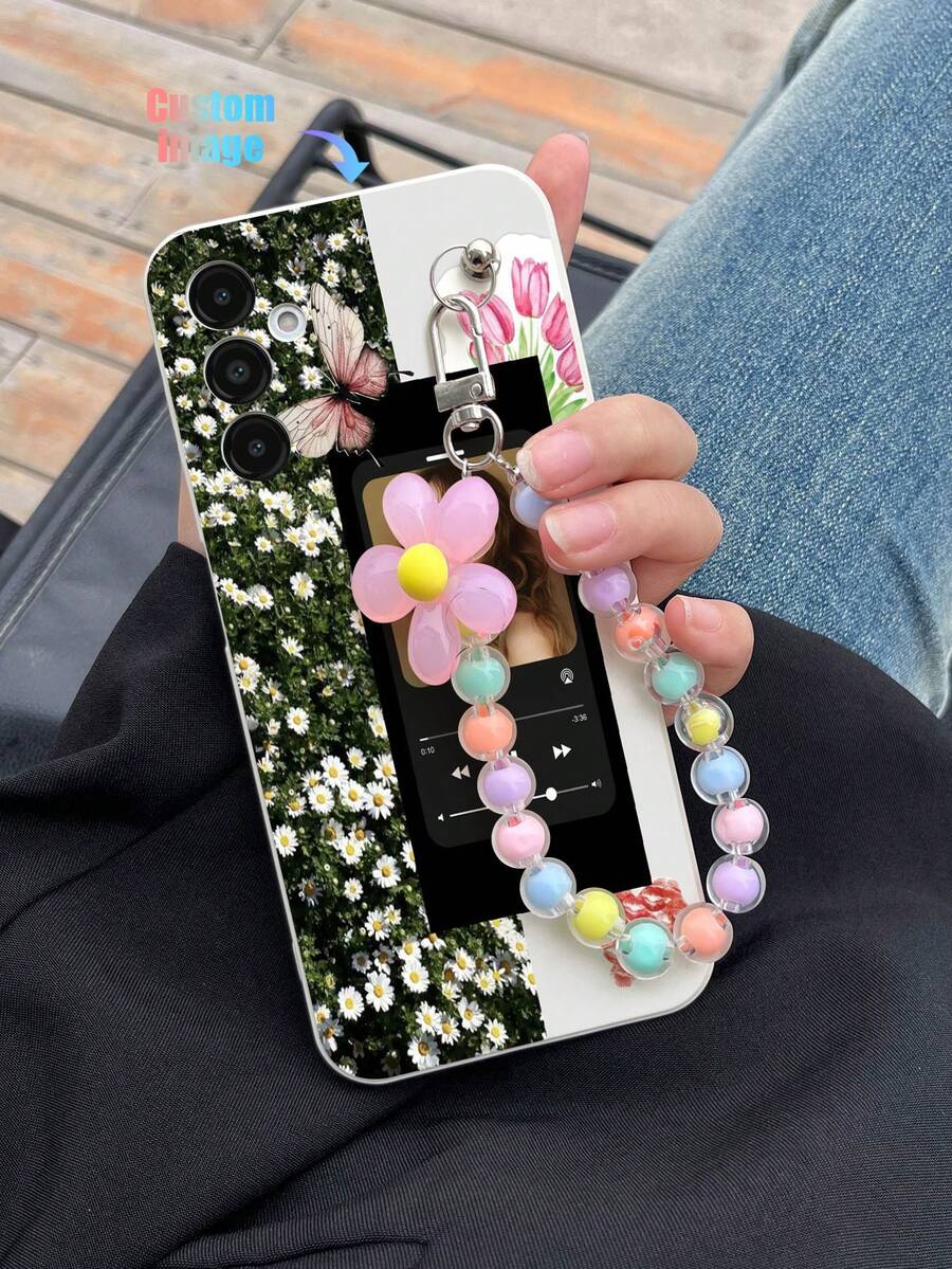 1pc Customizable White TPU Floral Print Phone Case And 1pc Colorful Beaded Bracelet, Compatible With Apple/Android/OPPO Phones Such As Galaxy A51 4G, Galaxy A52/A52s 5G, Galaxy S23 Ultra, Galaxy A13 4G, Galaxy A12, Galaxy S22 Ultra, OPPO A54, Galaxy A54, 17 Pro Max, Galaxy A14, Galaxy A32 4G
