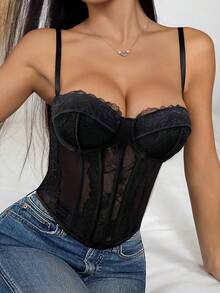 性感蕾丝网纱露背连体衣，女士无肩带夏季塑身衣