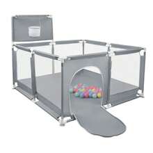 Parque infantil de 180 x 120 cm, con base, modular, plegable, grande, con puerta con cremallera, 50 pelotas, aro de baloncesto y 8 ventosas (126 x 126 x 66 cm, gris oscuro/azul marino/negro/gris claro) - Gris oscuro 1 - Ver 11