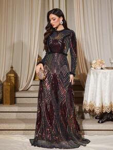 Robe longue élégante pour femmes à col rond, manches longues, sequins, coupe évasée jusqu'aux chevilles avec contrôle du ventre - Noir - Voir 6